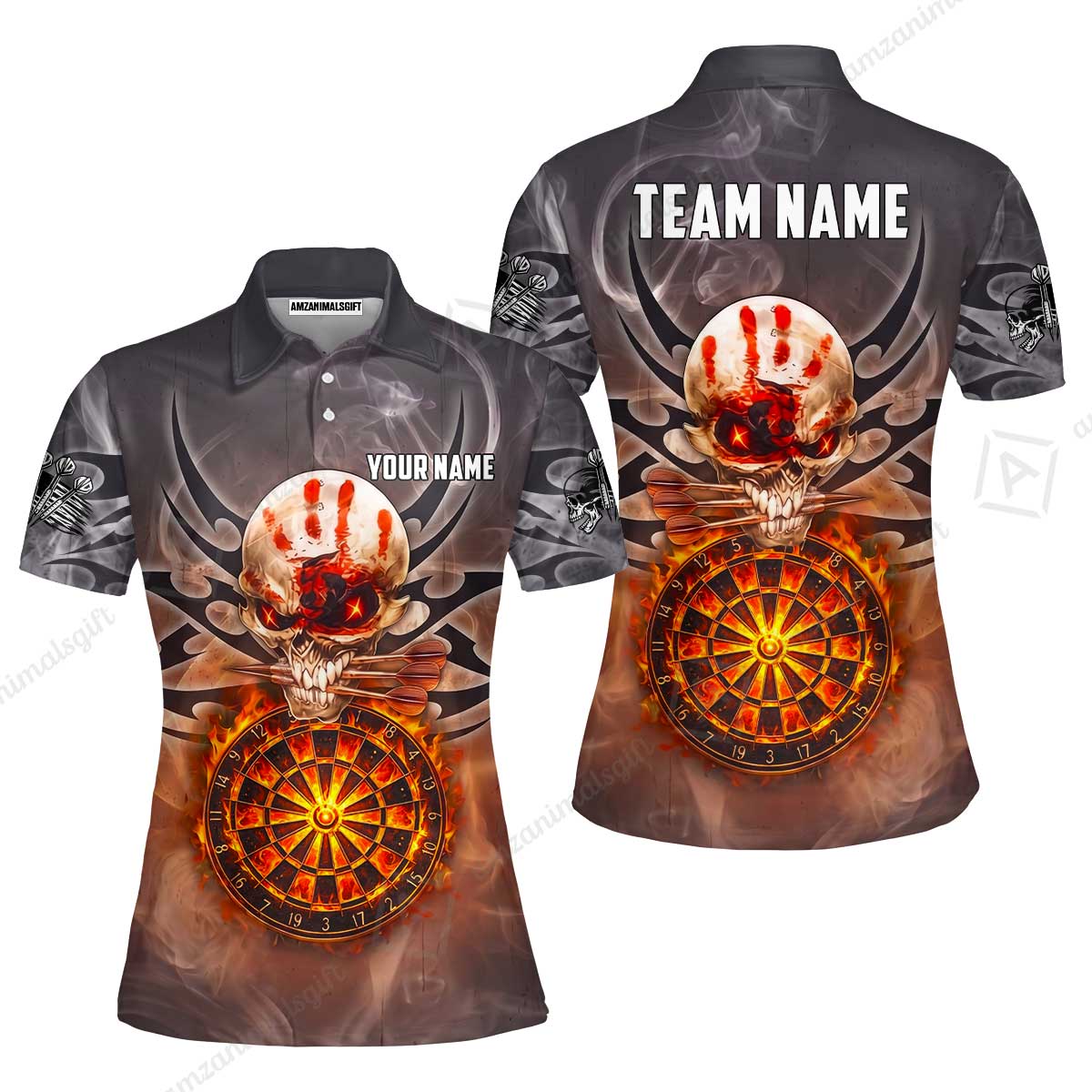 Custom Darts Jersey Polo Shirt, Glowing Fire Skull Tribal, Custom Dart Jersey Team Shirt For Players With Name & Team Name