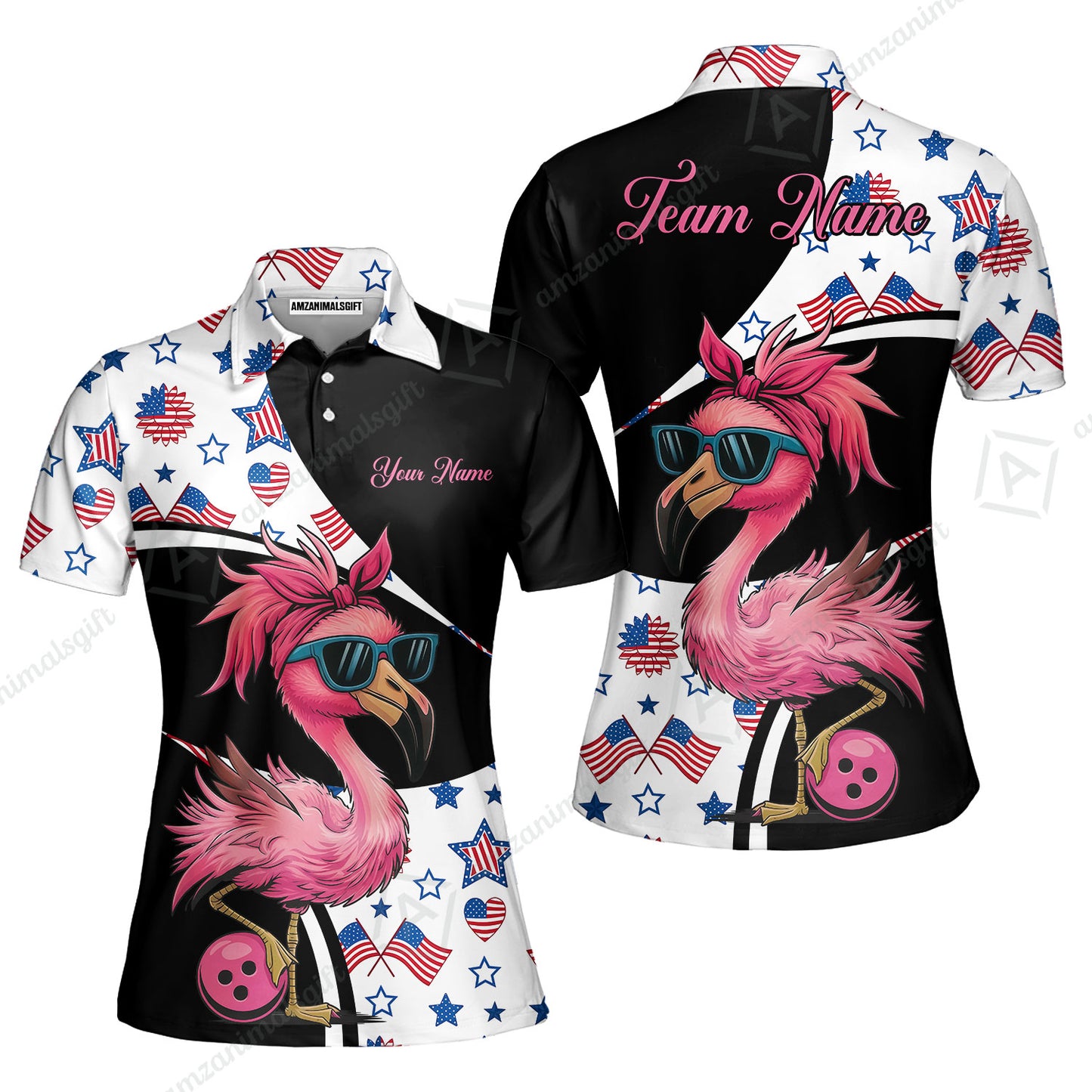 Custom Flamingo America Flag Bowling Jersey Polo Shirt, Custom Flamingo America Flag Bowling Jersey Team Shirt For Players With Name & Team Name