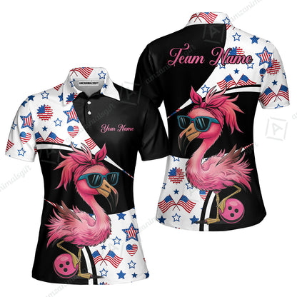 Custom Flamingo America Flag Bowling Jersey Polo Shirt, Custom Flamingo America Flag Bowling Jersey Team Shirt For Players With Name & Team Name