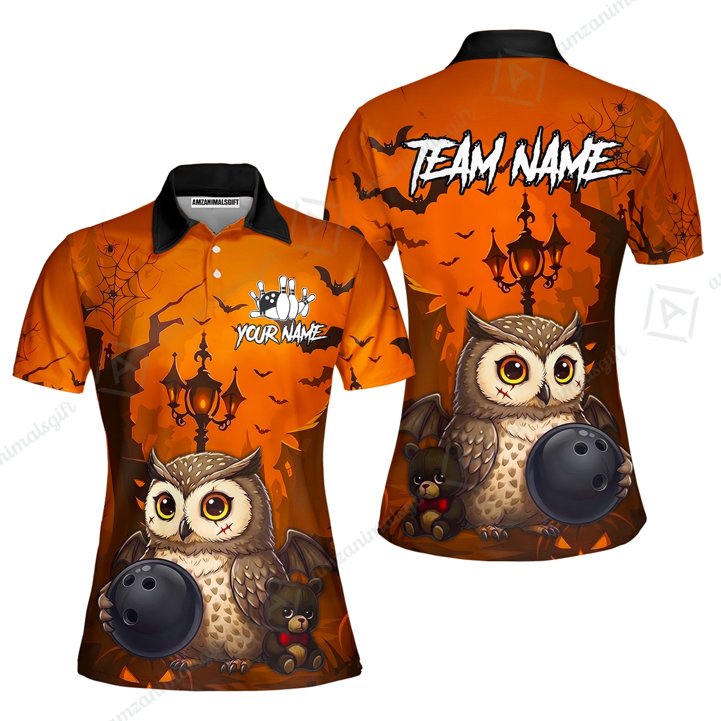 Custom Bowling Jersey Polo Shirt, Owl In Halloween, Personalized Name And Team Name