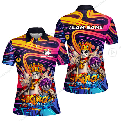Custom Bowling Jersey Polo Shirt, Psychedelic Graffiti King Pins Mascot, Custom Bowling Jersey Team Shirt For Players With Name and Team Name