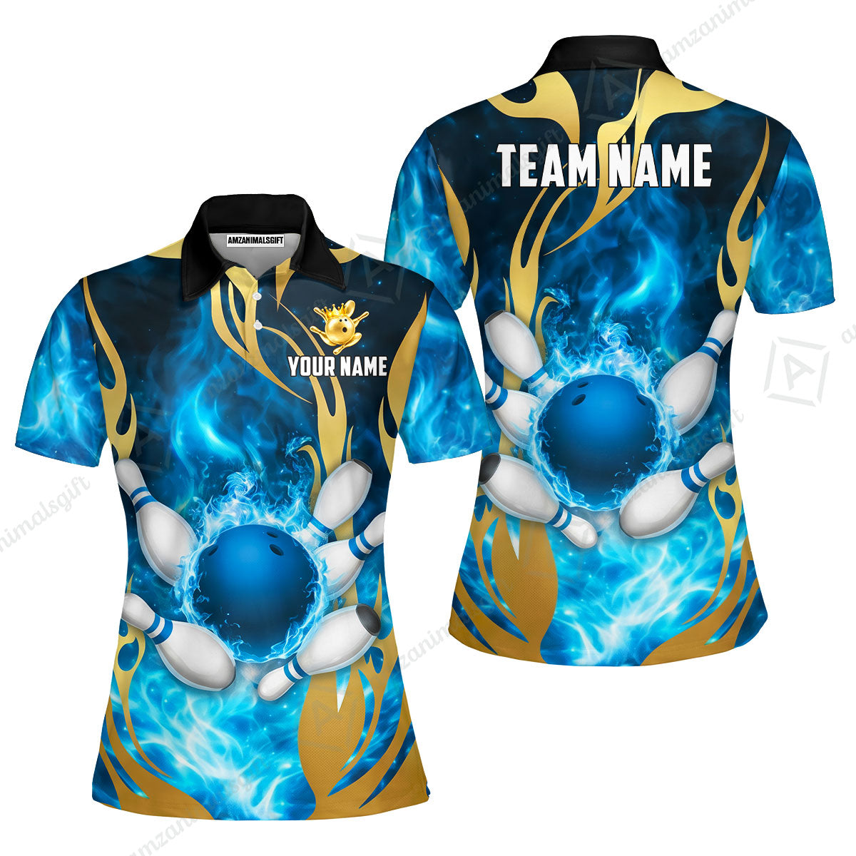 Custom Bowling Jersey Polo Shirt, Abyssal Fire & Golden Flames, Custom Bowling Jersey Team Shirt For Players With Name & Team Name