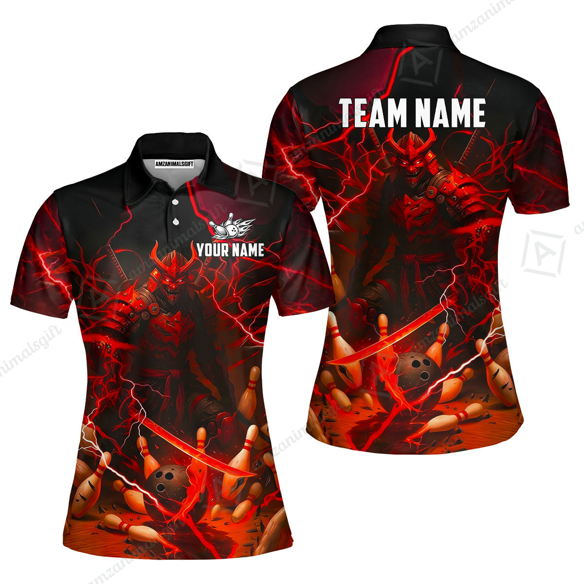 Custom Bowling Jersey Polo Shirt, Fiery Samurai Strike, Custom Bowling Jersey Team Shirt For Players With Name & Team Name