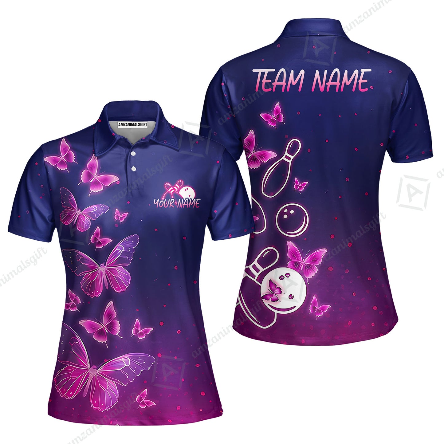 Custom Bowling Jersey Polo Shirt, Neon Butterfly Bowling, Custom Bowling Jersey Team Shirt