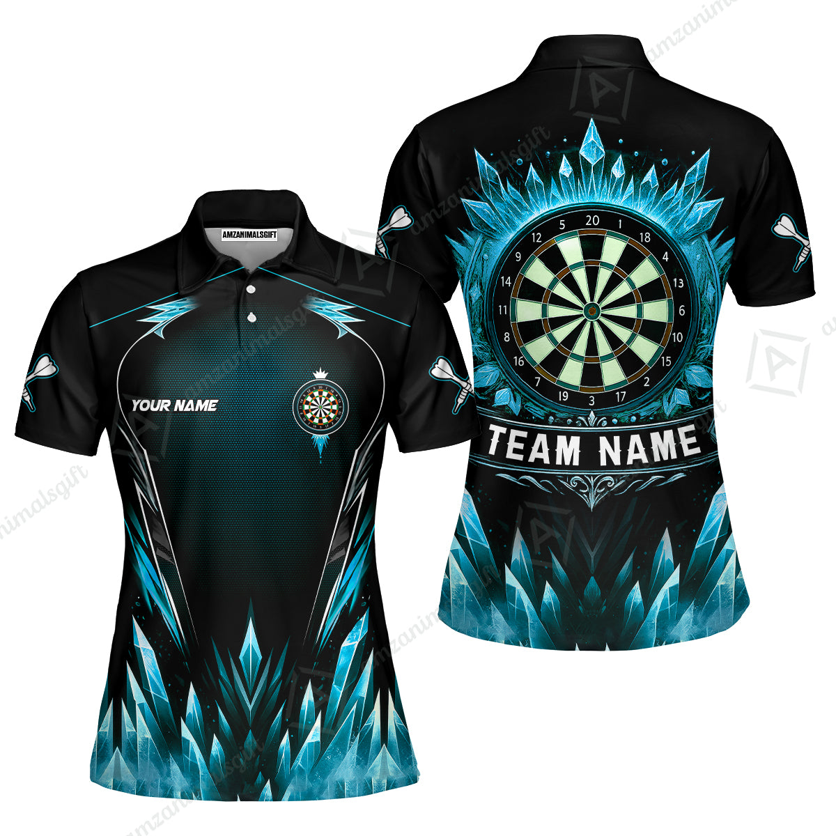 Custom Blue Ice Dartboard Jersey Polo Quarter-Zip Team Shirts, Customized Name Team Name Darts Team Jerseys Uniform
