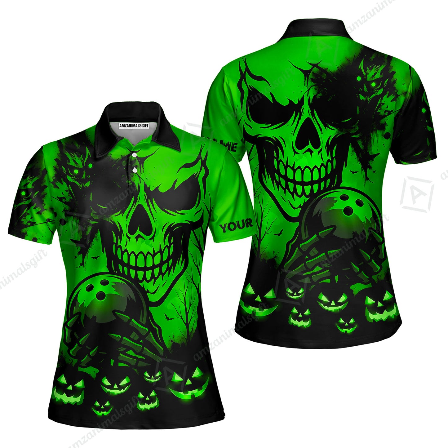 Custom Bowling Jersey Polo Shirt, Pumpkins Skull Halloween, Custom Bowling Jersey Team Shirt For Players With Name & Team Name