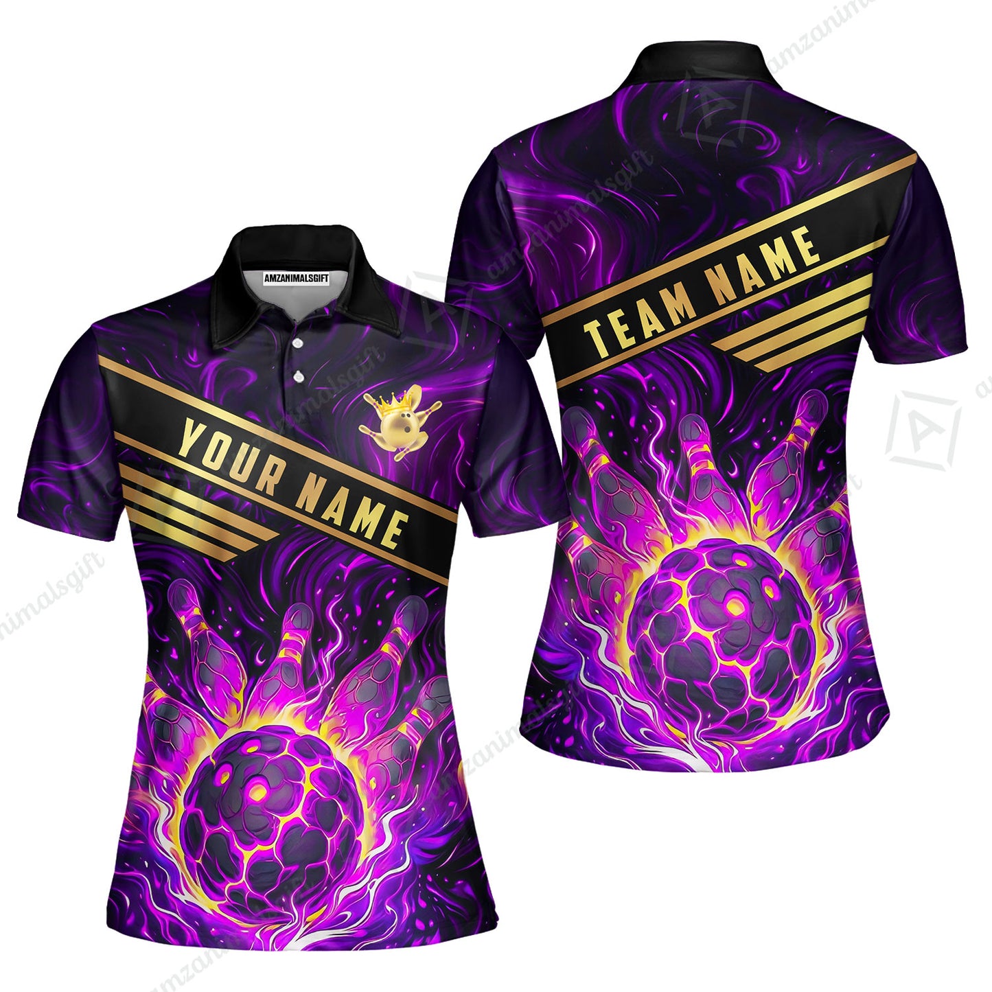 Custom Bowling Polo Shirt, Glowing Bowling Ball and Pins Custom Bowling Polo Team Shirt For Players With Name & Team Name