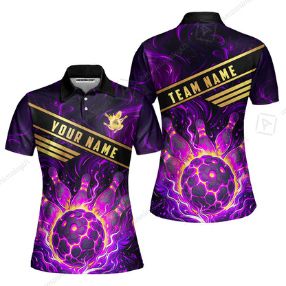 Custom Bowling Polo Shirt, Glowing Bowling Ball and Pins Custom Bowling Polo Team Shirt For Players With Name & Team Name