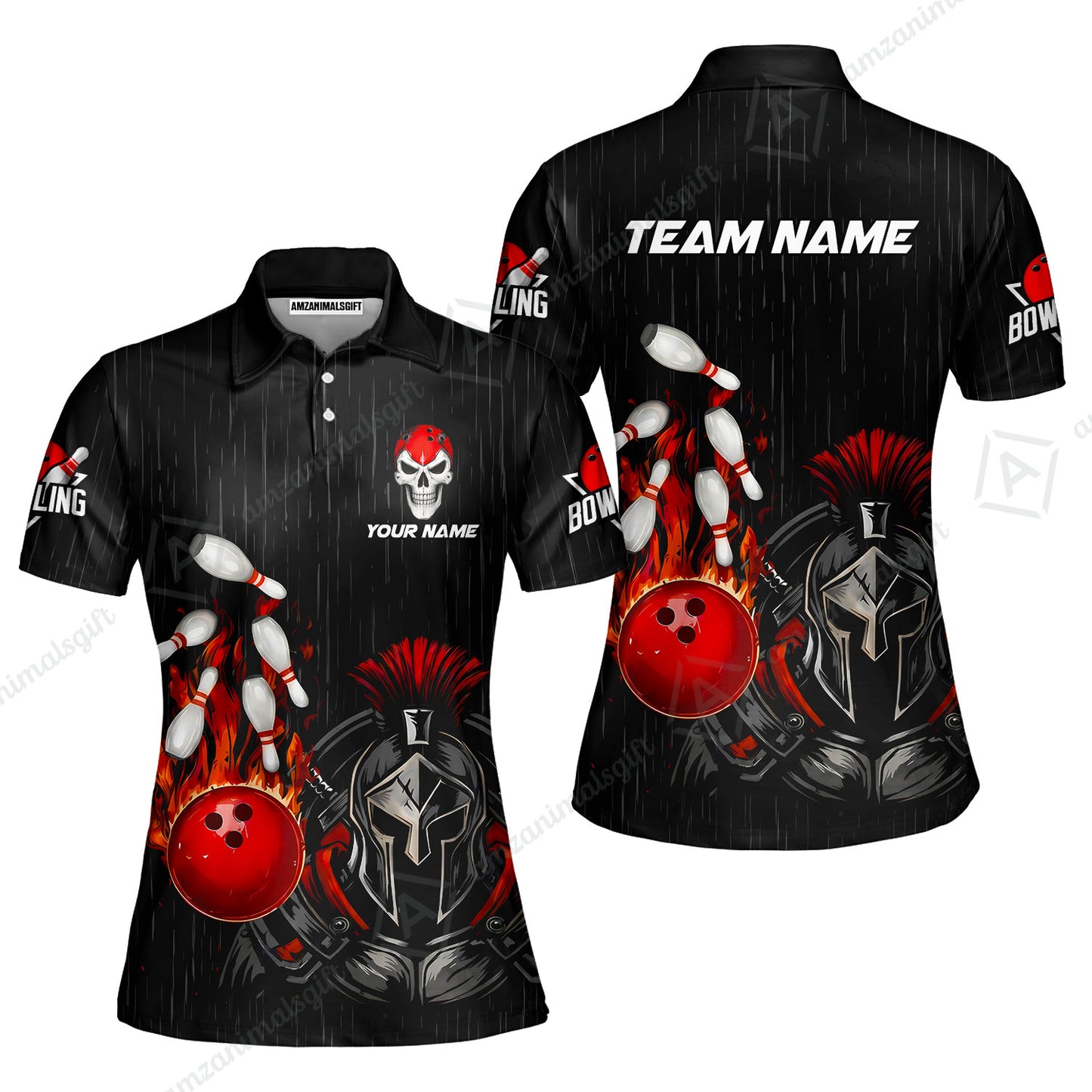 Custom Bowling Jersey Polo Shirt, Fire Bowling Knight Rain Skull Logo, Personalize Name & Team Name