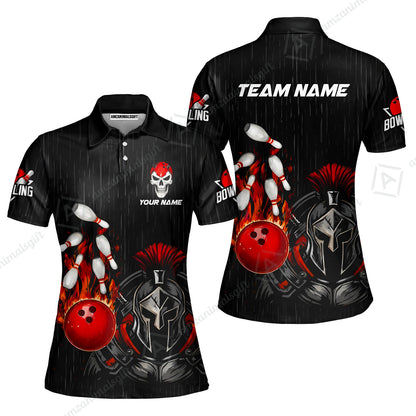 Custom Bowling Jersey Polo Shirt, Fire Bowling Knight Rain Skull Logo, Personalize Name & Team Name