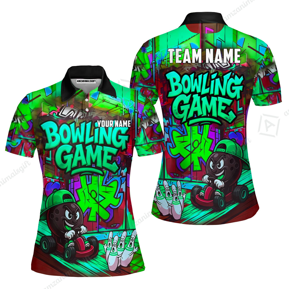 Custom Bowling Jersey Polo Shirt, Street Graffiti Go Kart Ball, Custom Bowling Jersey Team Shirt For Players With Name and Team Name