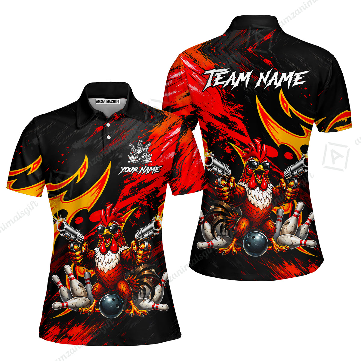 Custom Bowling Jersey Polo Shirt, Rooster With Gun, Custom Bowling Jersey Team Shirt For Players With Name and Team Name
