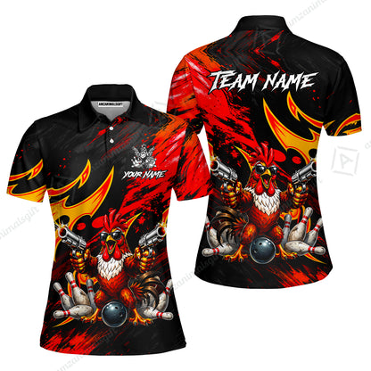 Custom Bowling Jersey Polo Shirt, Rooster With Gun, Custom Bowling Jersey Team Shirt For Players With Name and Team Name