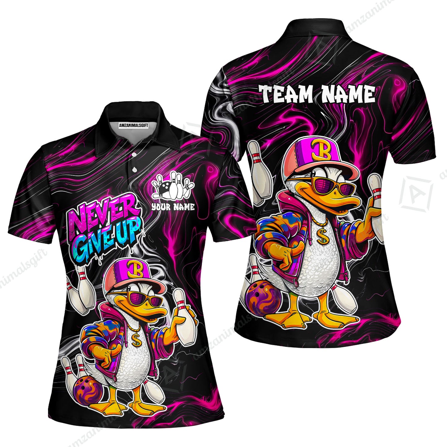 Custom Bowling Jersey Polo Shirt, Duck Never Give Up, Custom Bowling Jersey Team Shirt For Players With Name & Team Name