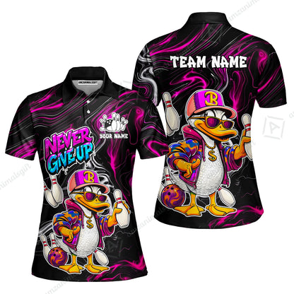 Custom Bowling Jersey Polo Shirt, Duck Never Give Up, Custom Bowling Jersey Team Shirt For Players With Name & Team Name
