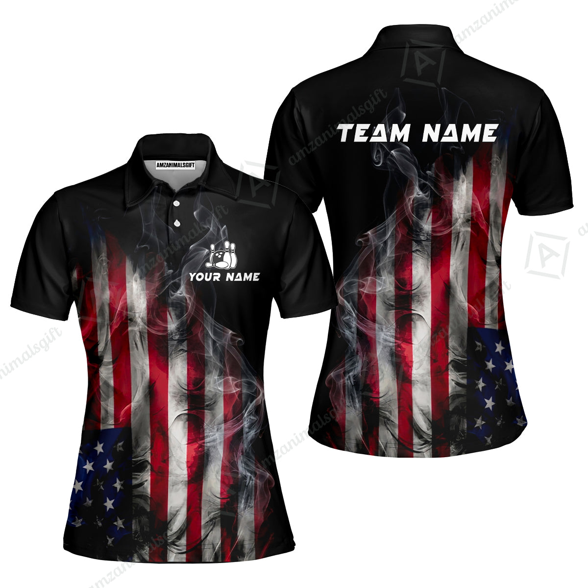 Custom Bowling Jersey Polo Shirt, Smoke USA Flag Bowling, Custom Bowling Jersey Team Shirt For Players With Name & Team Name