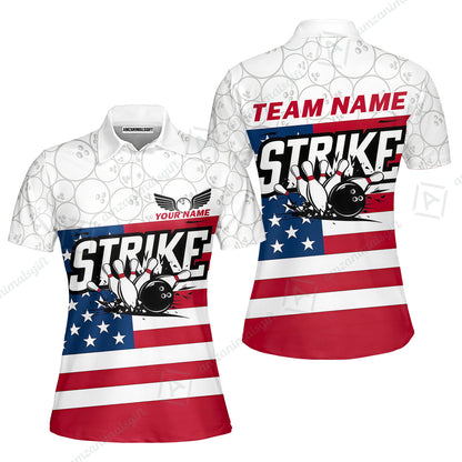 Custom Bowling Jersey Polo Shirt, Classic American Flag Block Strike, Custom Bowling Jersey Team Shirt For Players With Name and Team Name