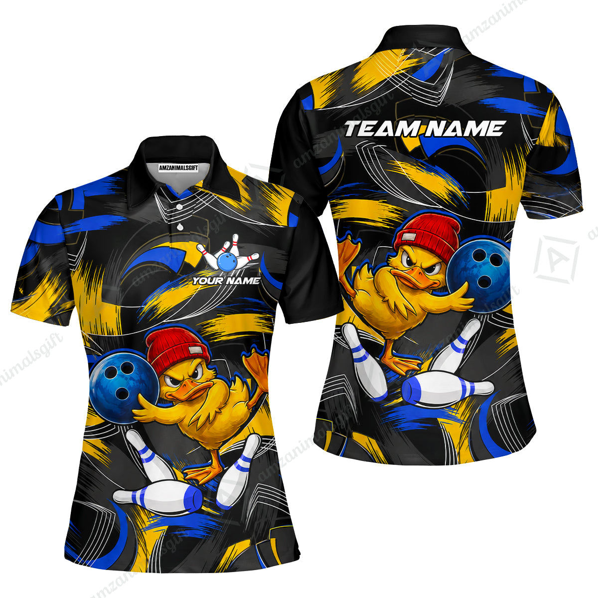 Custom Bowling Jersey Polo Shirt, Angry Grunge Splash Duckling, Custom Bowling Jersey Team Shirt For Players With Name and Team Name