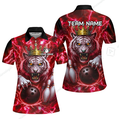 Custom Bowling Team Quarter-Zip Polo Shirt, Bowling White Tiger Lighting Shirt, Personalized Team Shirt with Custom Name