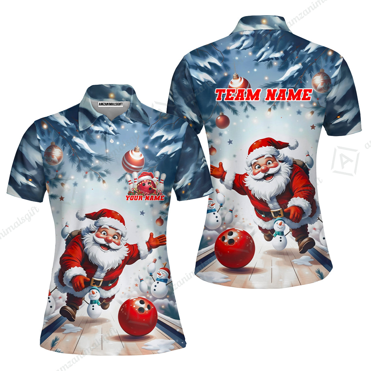 Custom Funny Santa Playing Bowling Team Jerseys Polo Shirts, Christmas Bowling uniforms - Bowling Polo Personalized Name And Team Name