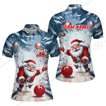 Custom Funny Santa Playing Bowling Team Jerseys Polo Shirts, Christmas Bowling uniforms - Bowling Polo Personalized Name And Team Name
