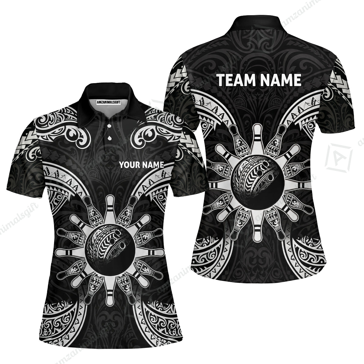 Custom Bowling Jersey Polo Shirt, Symmetric Polynesian Tribal Art Bowling, Custom Bowling Jersey Team Shirt For Players With Name and Team Name