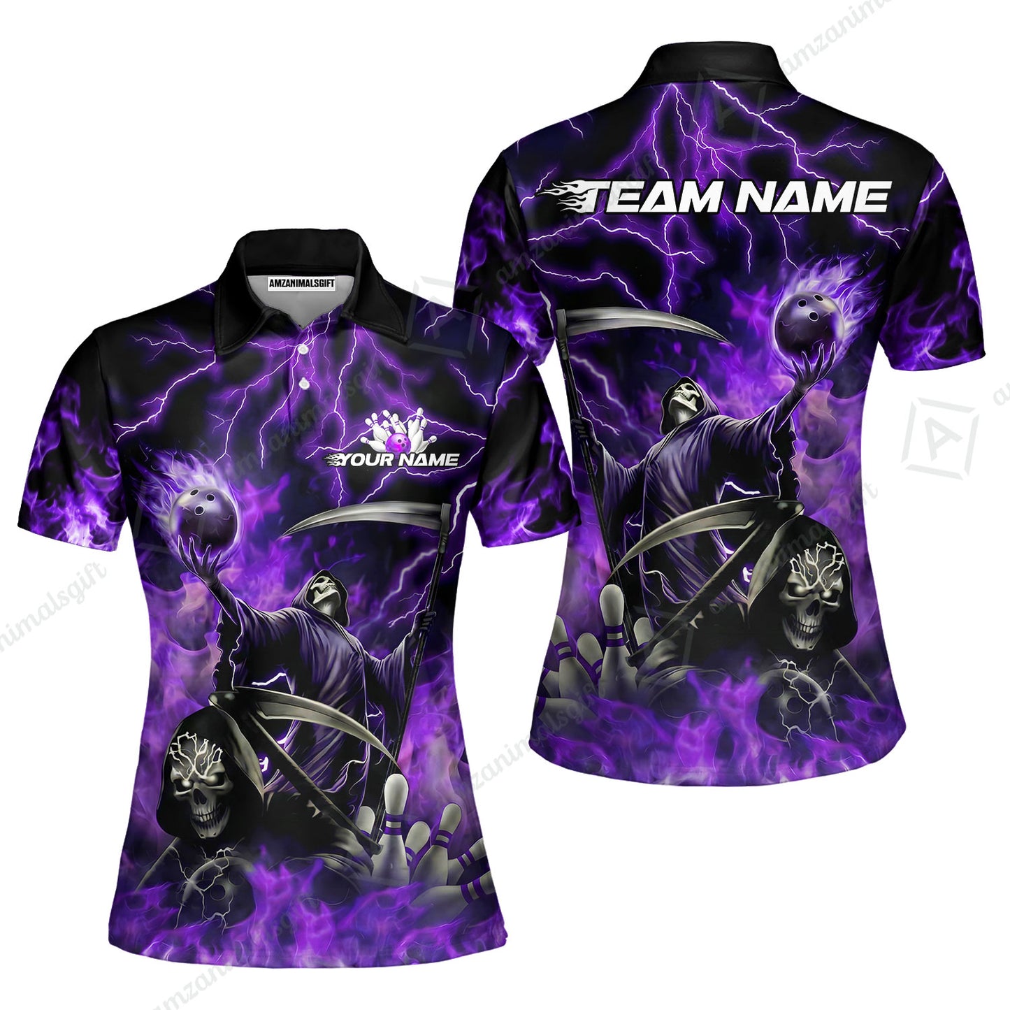 Custom Bowling Team Quarter-Zip Polo Shirt, Grim Reaper Skull With Flame Bowling Lightning Design for Bowlers, Personalized Shirt with Name and Team Name