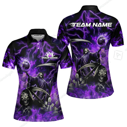 Custom Bowling Team Quarter-Zip Polo Shirt, Grim Reaper Skull With Flame Bowling Lightning Design for Bowlers, Personalized Shirt with Name and Team Name
