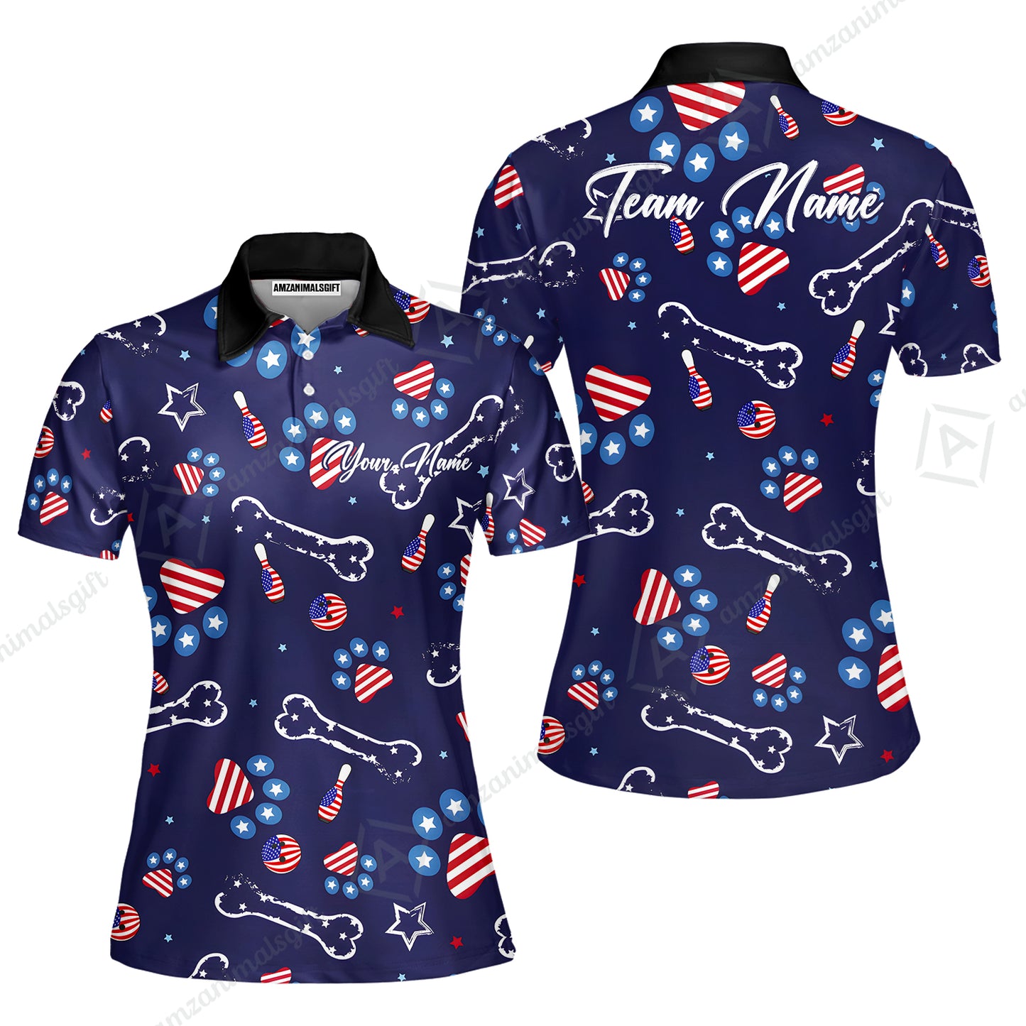 Custom Bowling Jersey Polo Shirt, US Dog Footprint, Personalize Name and Team Name