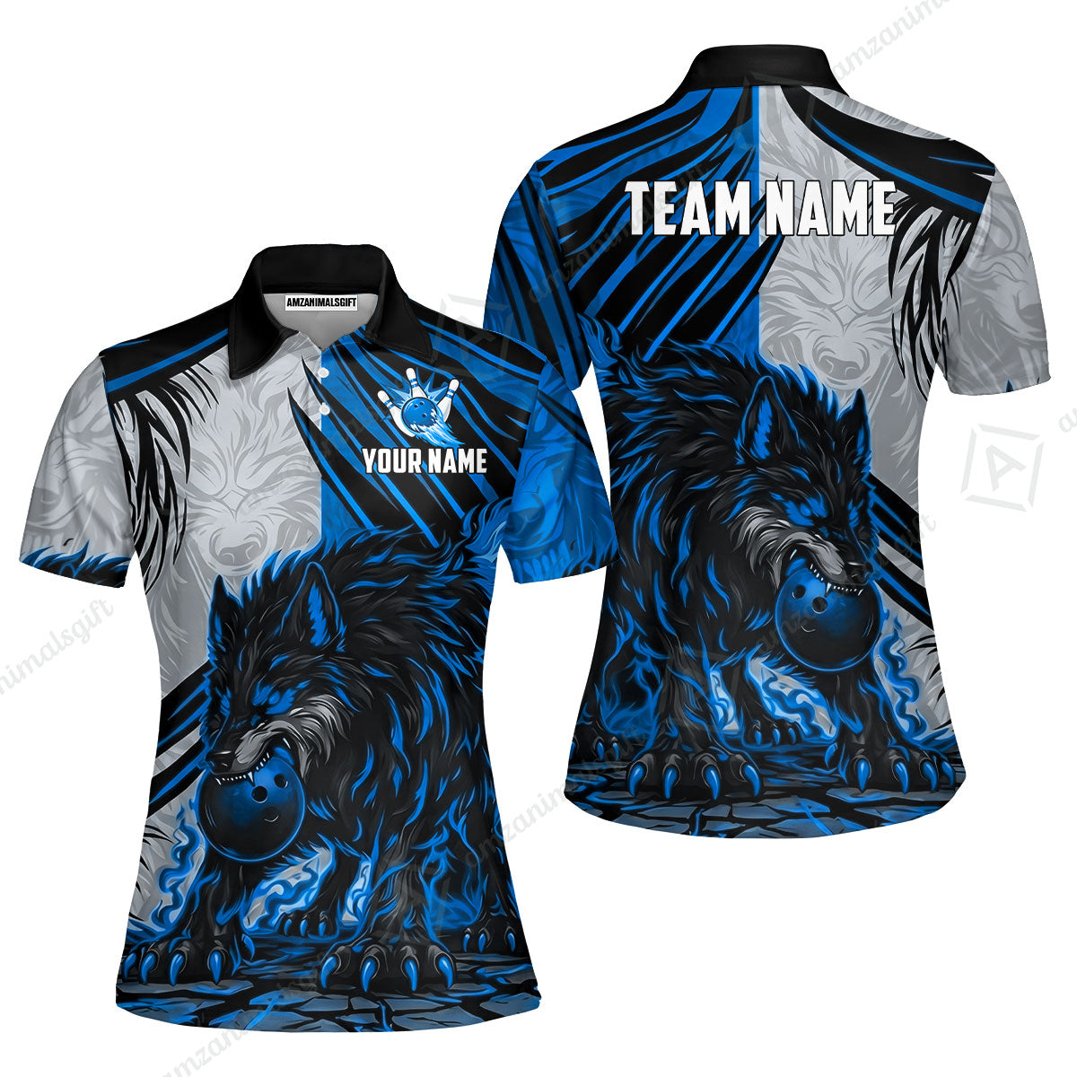 Custom Bowling Jersey Polo Shirt, Lone Wolf Strike & Emerald Frost, Custom Bowling Jersey Team Shirt For Players With Name & Team Name