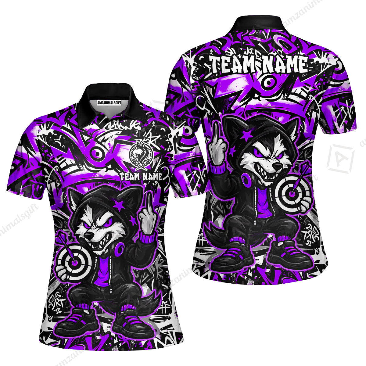 Customized Darts Team Uniform Shirt, Cool Cartoon Wolf With Dartboard, Personalized Name And Team Name