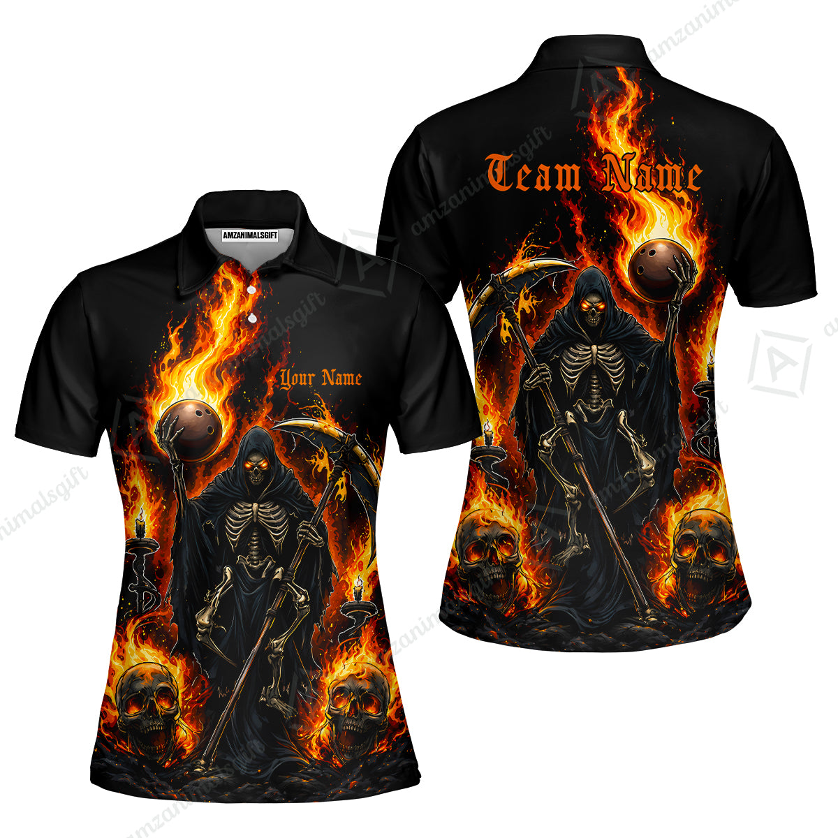 Custom Bowling Jersey Polo Shirt, Hellfire Grim Reaper, Personalize Name and Team Name