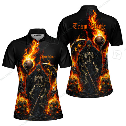Custom Bowling Jersey Polo Shirt, Hellfire Grim Reaper, Personalize Name and Team Name