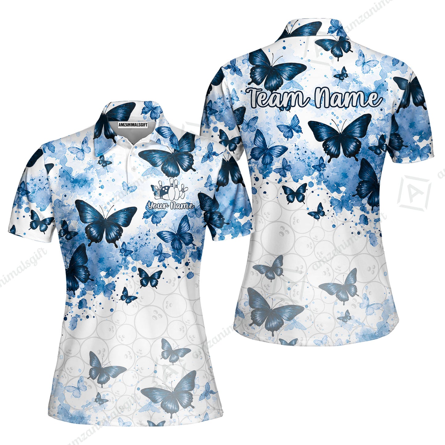 Custom Bowling Jersey Polo Shirt, Blue Watercolor Butterfly Bloom, Custom Bowling Jersey Team Shirt For Players With Name and Team Name