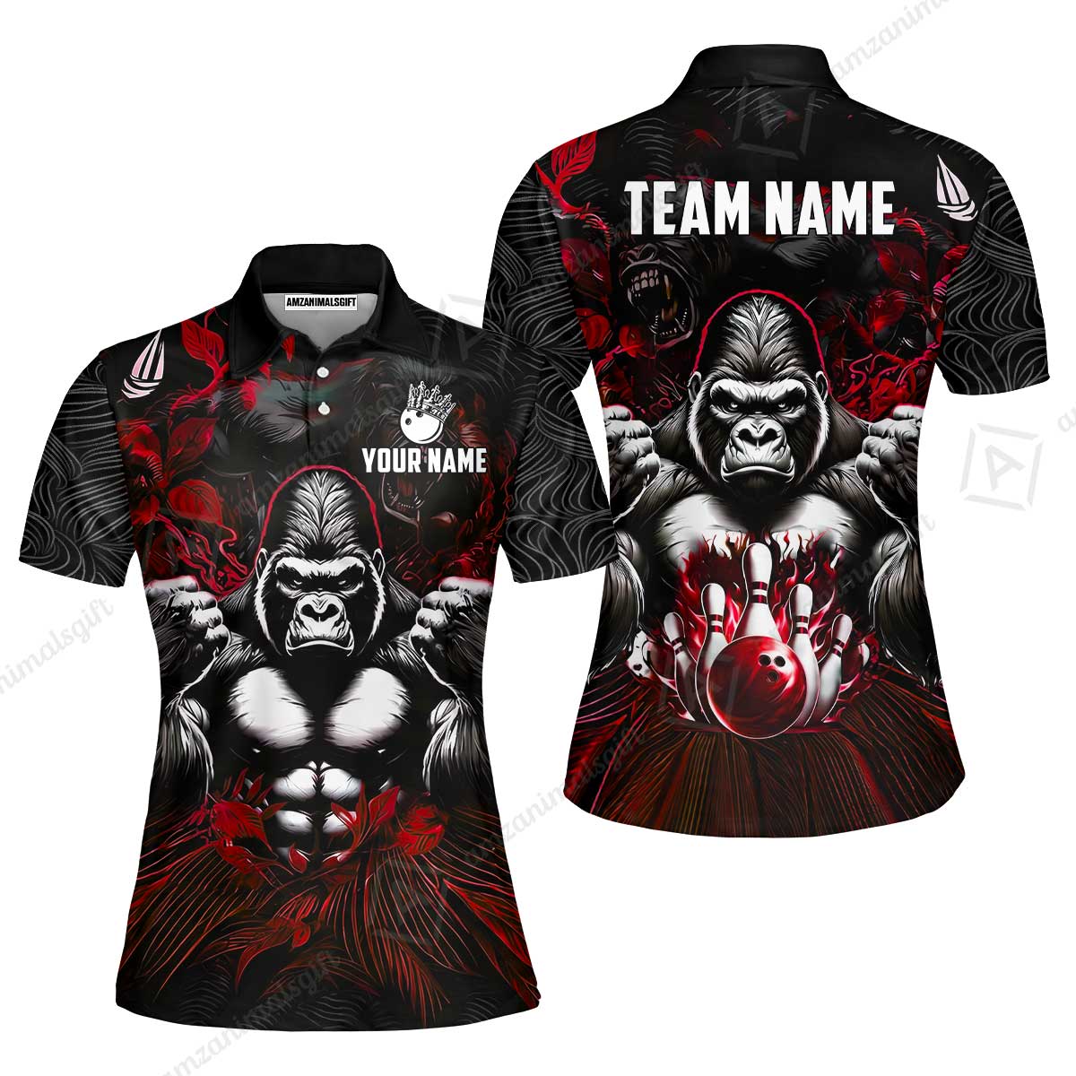Custom Bowling Jersey Polo Shirt, Furious Gorilla Mascot, Custom Bowling Jersey Team Shirt For Players With Name & Team Name
