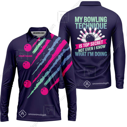 Customized Bowling Jersey, My Bowling Technique Is Top Secret - Personalized Name Stand Collar Quarter-zip Shirt