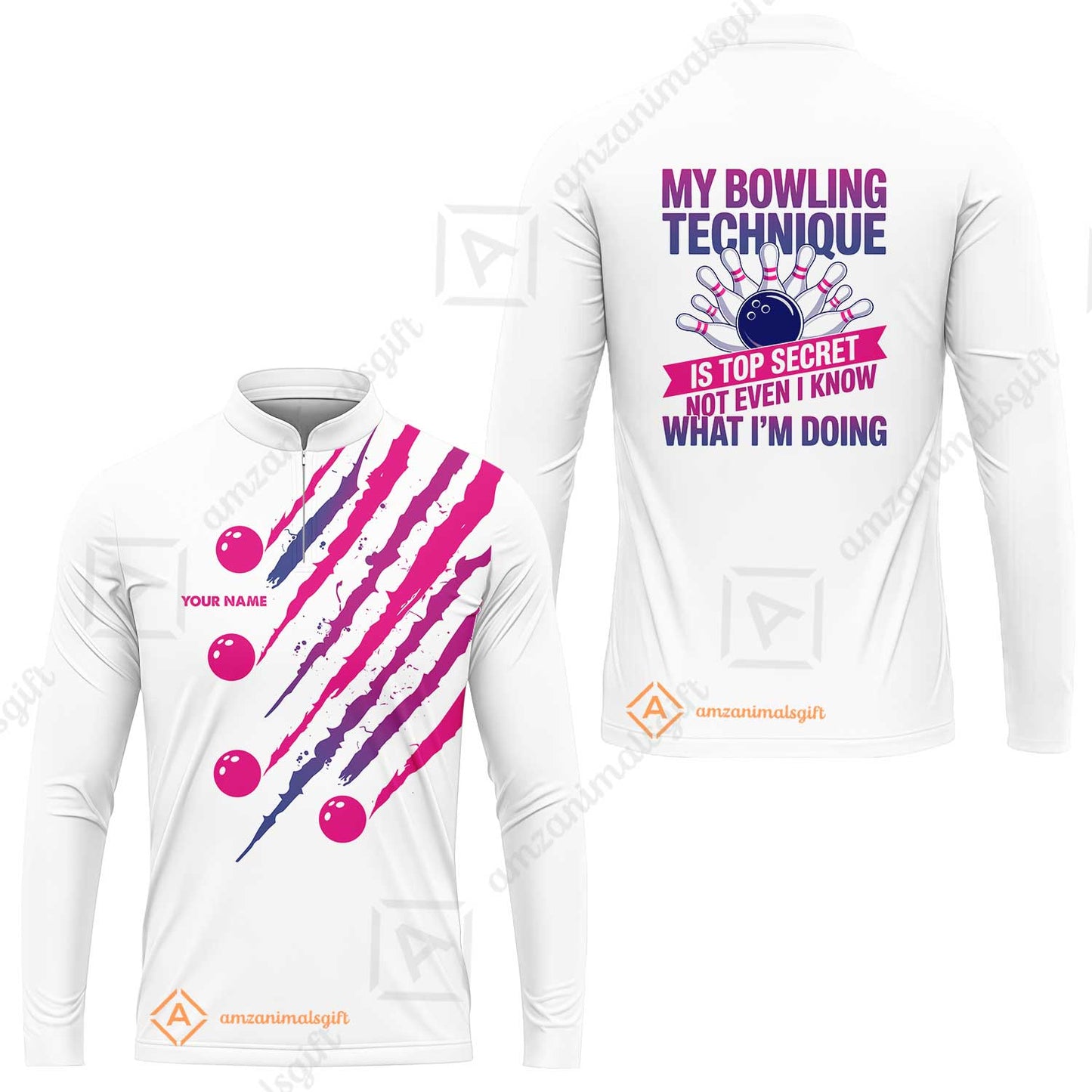 Customized Bowling Jersey, My Bowling Technique Is Top Secret - Personalized Name Stand Collar Quarter-zip Shirt