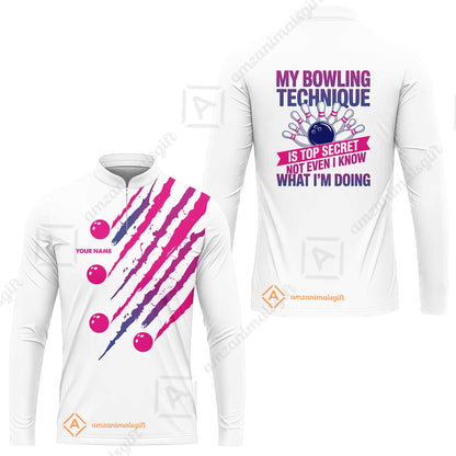 Customized Bowling Jersey, My Bowling Technique Is Top Secret - Personalized Name Stand Collar Quarter-zip Shirt