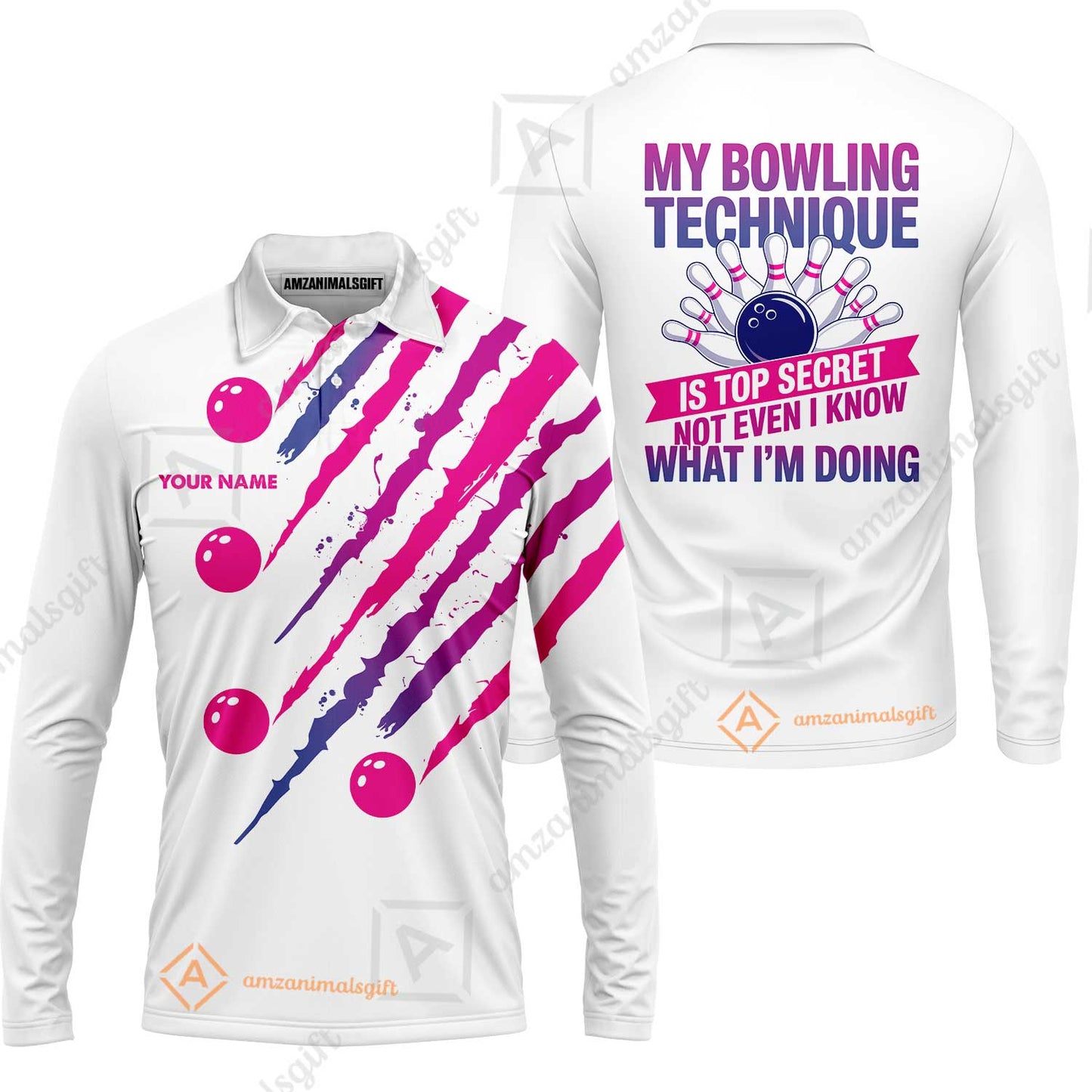 Customized Bowling Jersey, My Bowling Technique Is Top Secret - Personalized Name Stand Collar Quarter-zip Shirt