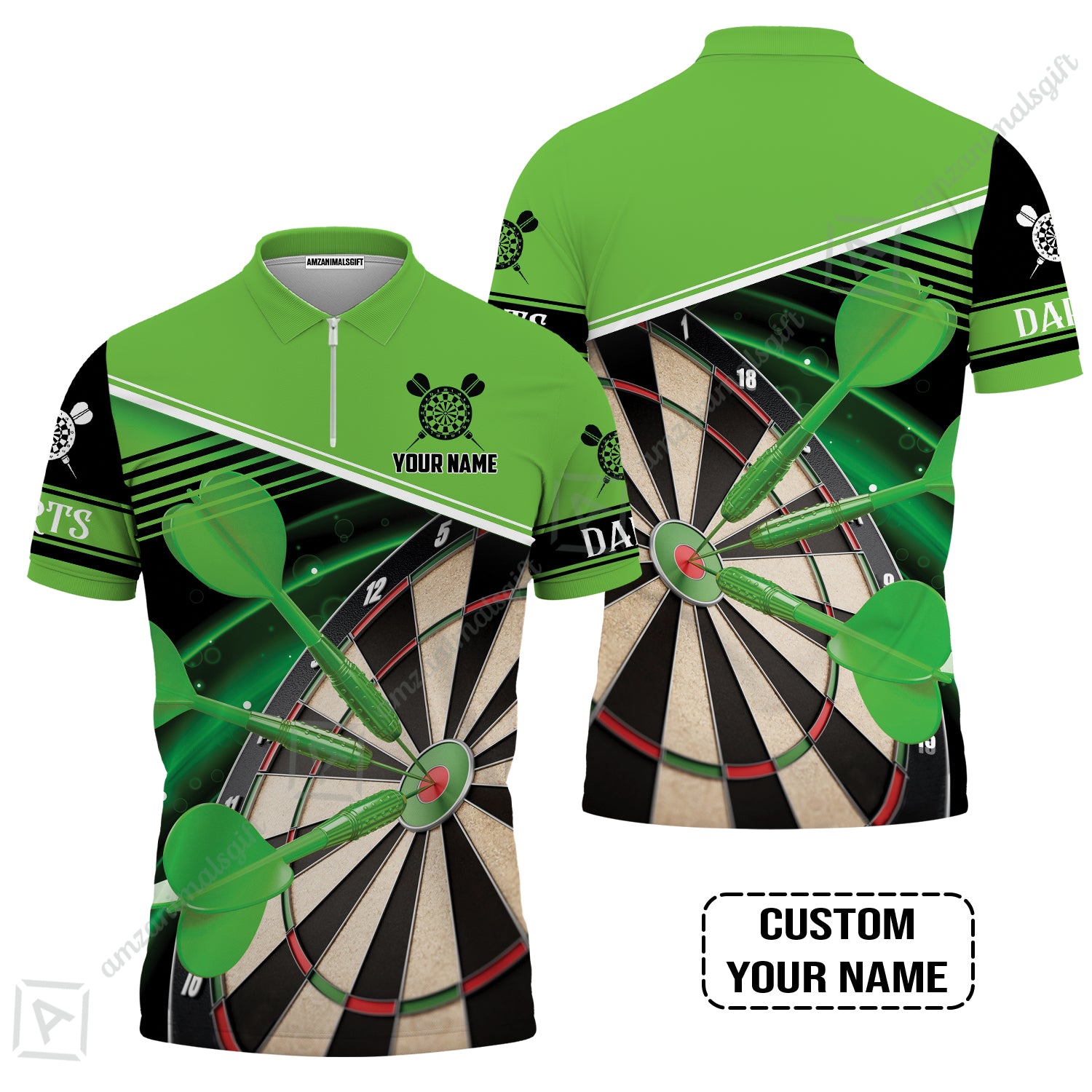 Customized Name Darts Zip Polo Shirt, Best Green Darts Player Gift, Personalized Name Darts Zip Polo Shirt