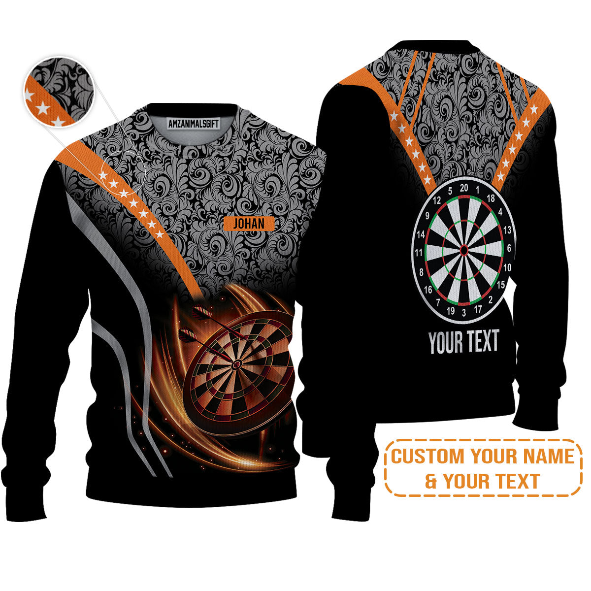 Customized Name & Text Darts T-Shirt, Personalized Name Dartboard Orange T-Shirt - Gift For Darts Players