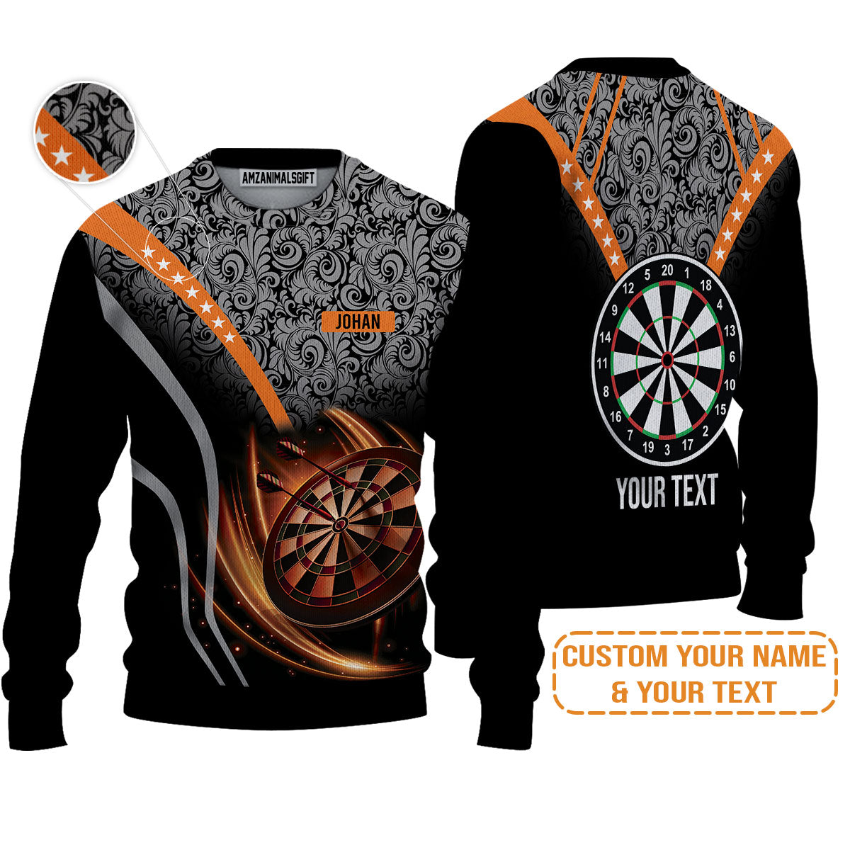 Customized Name & Text Darts Sweater, Personalized Name Dartboard Orange Sweater - Gift For Darts Players