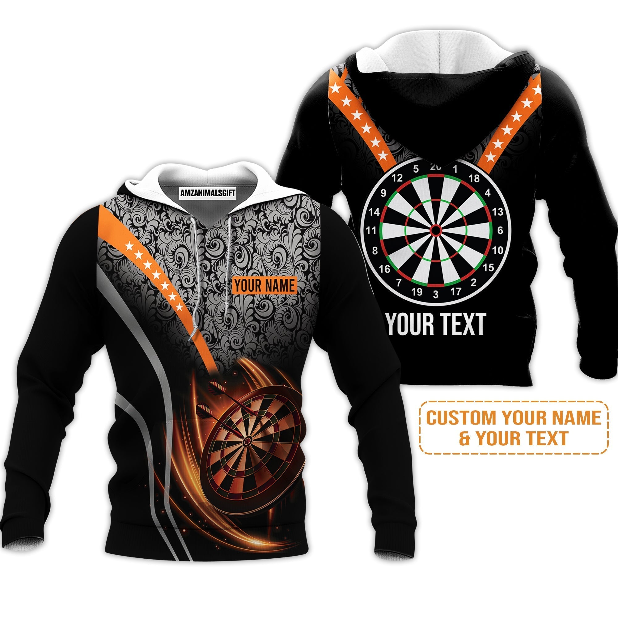 Customized Name & Text Darts Hoodie, Personalized Name Dartboard Orange Hoodie - Gift For Darts Players