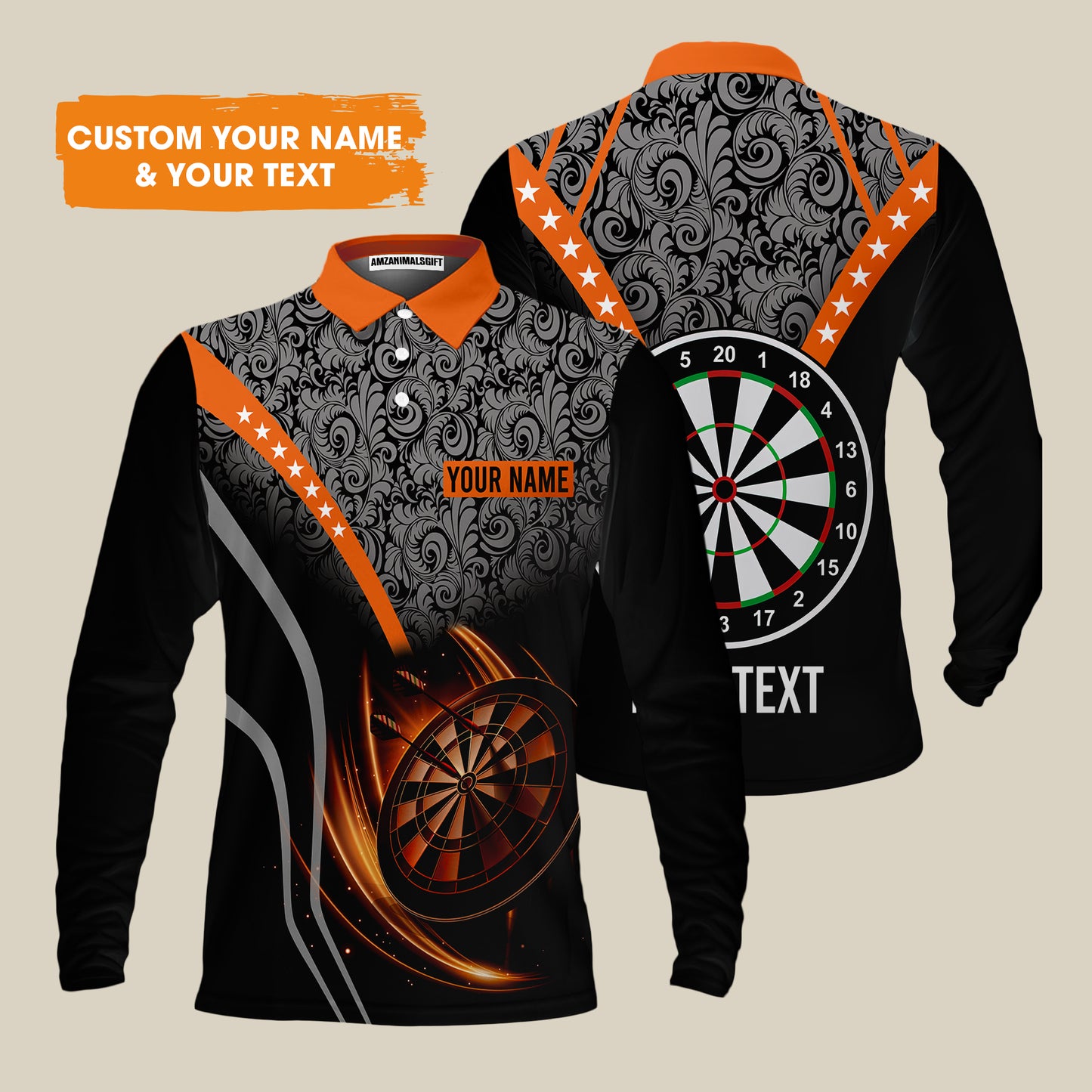 Customized Name & Text Darts Men's Long Sleeve Polo Shirt, Personalized Name Dartboard Orange Men's Long Sleeve Polo Shirt - Gift For Darts Players