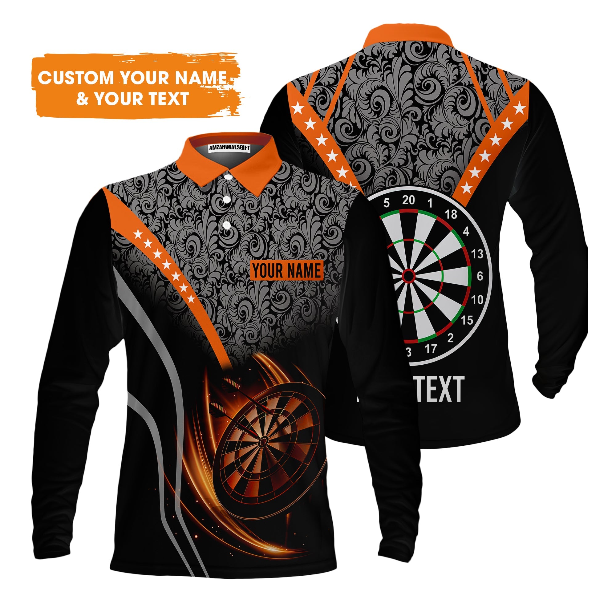 Customized Name & Text Darts Men's Long Sleeve Polo Shirt, Personalized Name Dartboard Orange Men's Long Sleeve Polo Shirt - Gift For Darts Players
