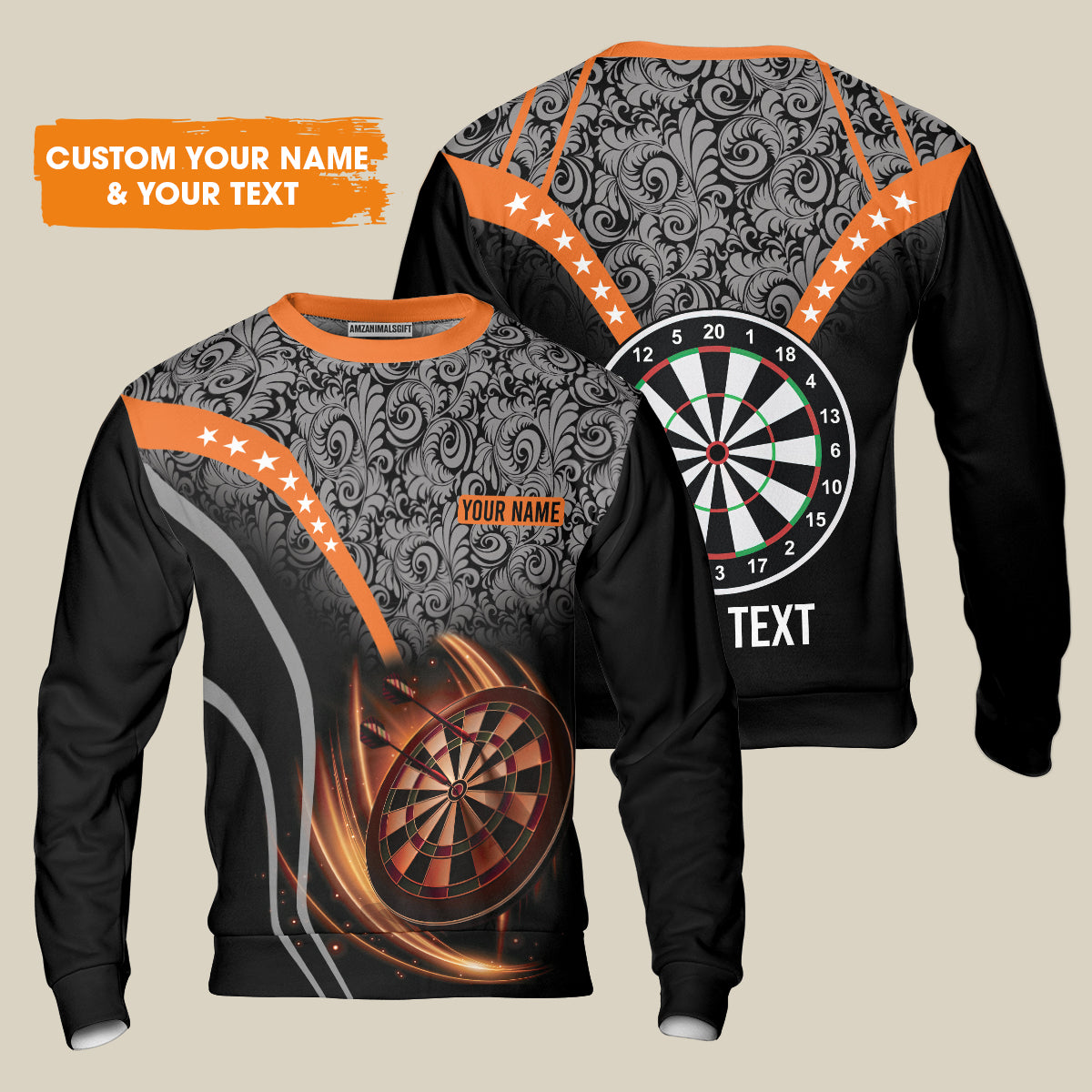 Customized Name & Text Darts Sweatshirt, Personalized Name Dartboard Orange Sweatshirt - Gift For Darts Players