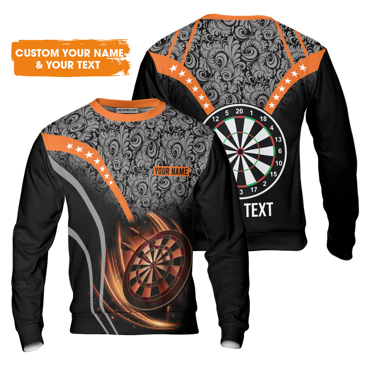 Customized Name & Text Darts Sweatshirt, Personalized Name Dartboard Orange Sweatshirt - Gift For Darts Players