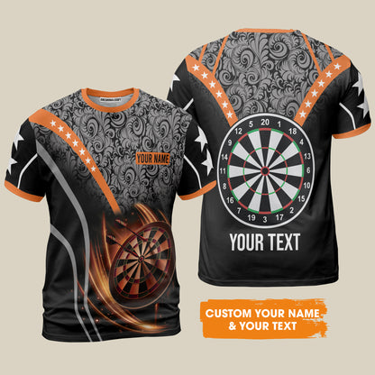 Customized Name & Text Darts T-Shirt, Personalized Name Dartboard Orange T-Shirt - Gift For Darts Players