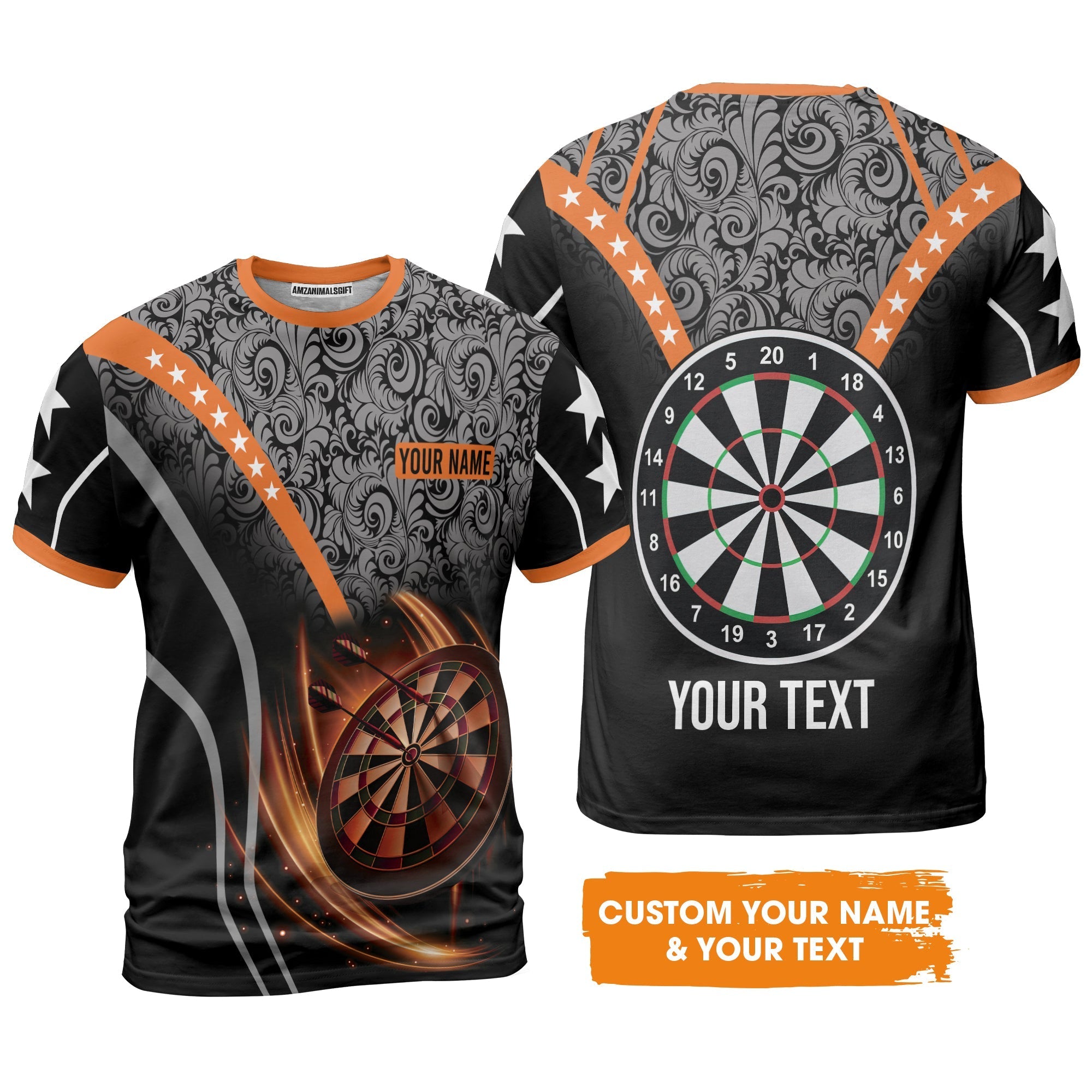 Customized Name & Text Darts T-Shirt, Personalized Name Dartboard Orange T-Shirt - Gift For Darts Players