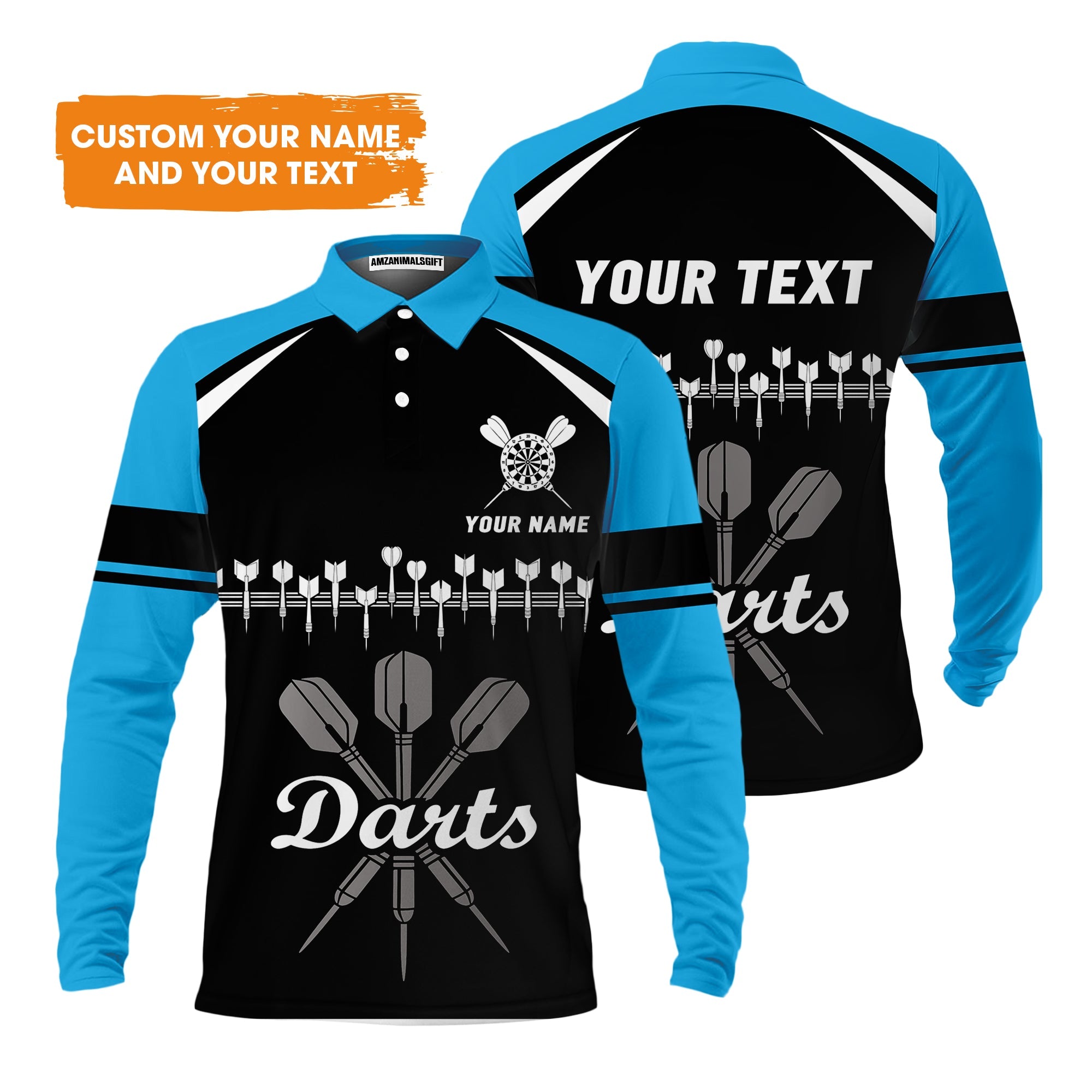 Customized Name & Text Darts Men's Long Sleeve Polo Shirt, Personalized Darts Team Blue Men's Long Sleeve Polo Shirt - Perfect Gift For Darts Lovers